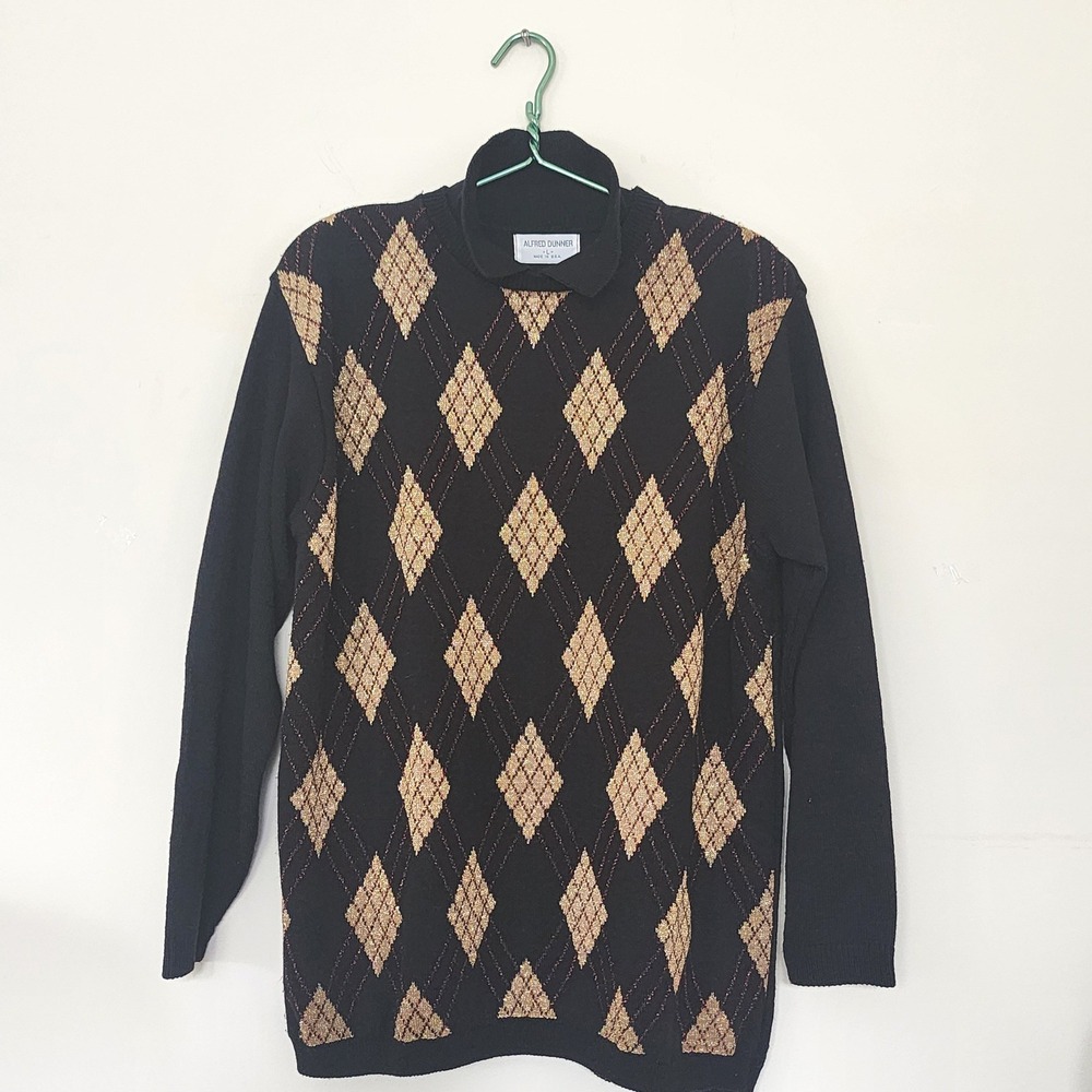 Vintage Alfred Dunner Argyle Sweater Metallic Gold Red Black Polo Collar‎ Large